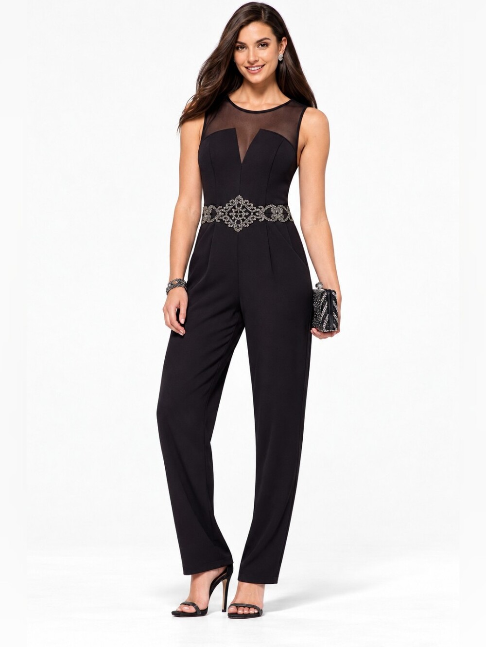 JS Boutique Sleeveless Jumpsuit Black With Gunmetal Stone Accents Size 2